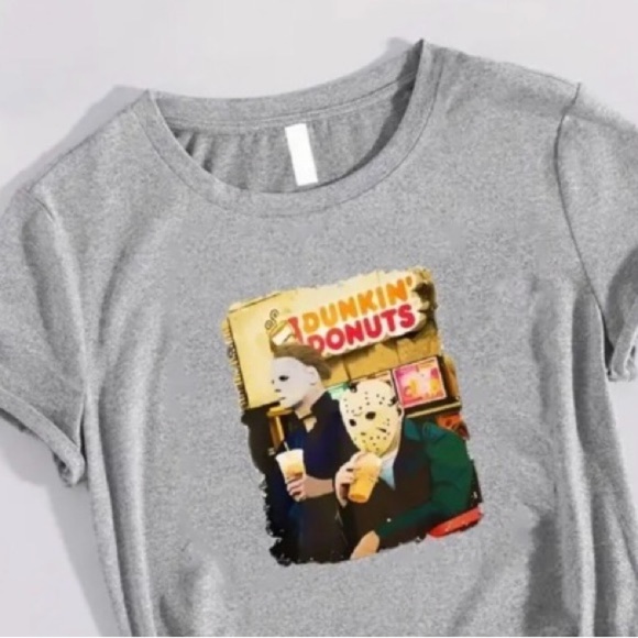 Tops - Womens Gray Halloween Movie Serial Killers at Donut Shop Short Sleeve Tee